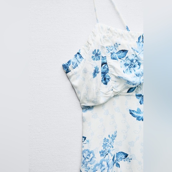 NWT. Zara White/Blue Floral Print Lingerie Style Midi Dress. Size L. - Picture 6 of 10
